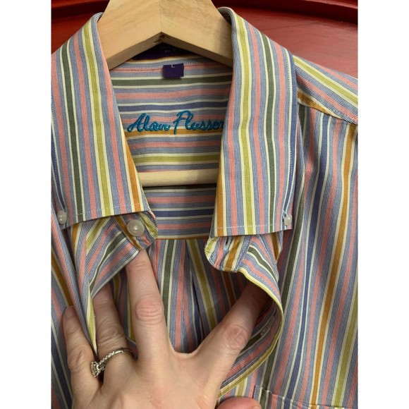 Allan Flusser Striped Long Sleeve Button Down Dress Shirt EUC Pink Blue Orange L - Picture 2 of 2